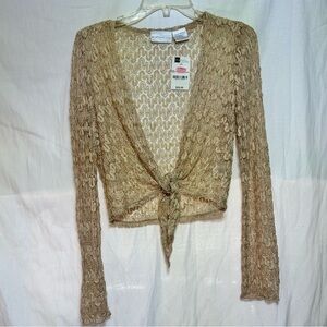 Y2K Worthington Metallic Gold See Through Knit Tie Front Blouse NWT